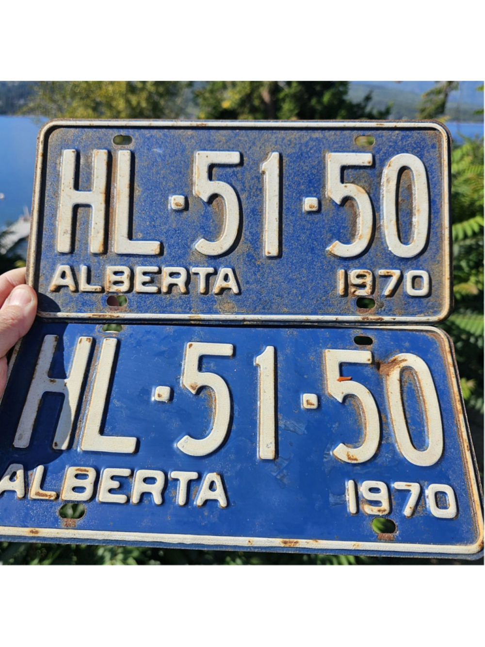 1970 Alberta Canada License Plate HL-51-50 PAIR Vintage Embossed Metal Blue